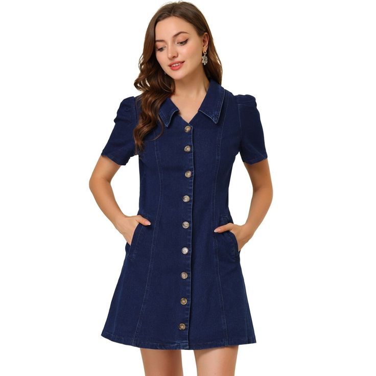 This dress with denim design that features collared and vintage bubble short sleeves. Sweet and feminine, the mini dress shows off your casual wearing style. A full-button placket makes you more comfortable when you wear it. Suitable for Work, Shopping, Dating, Casual, Coffee Shop, etc. Perfectly pair with your pretty sandals and simple handbag for a casual look. A good choice to wear it for a sweet date. Retro Mini Dress With Button Closure For Spring, Fitted Short Sleeve Denim Dress, Fitted Short Sleeve Denim Dress With Buttons, Fitted Mini Dress With Buttoned Pockets, Retro Mini Dress With Button Closure, Spring Short Sleeve Denim Dress With Button Closure, Short Sleeve Spring Denim Dress With Button Closure, Button-up Denim Mini Dress, Casual Collared Mini Dress With Buttons