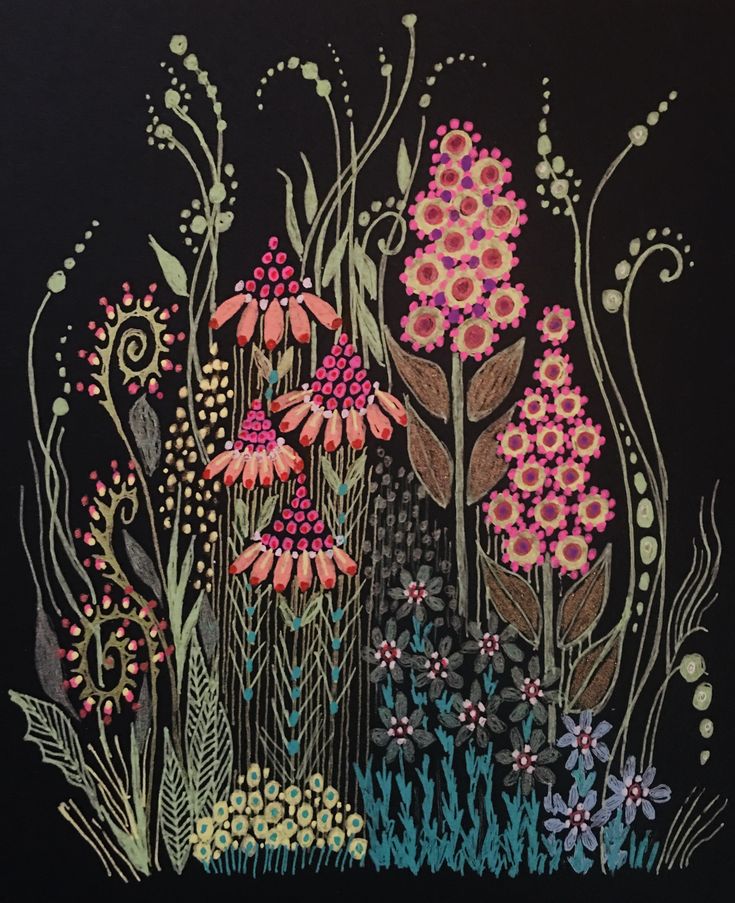 a painting of flowers and plants on a black background