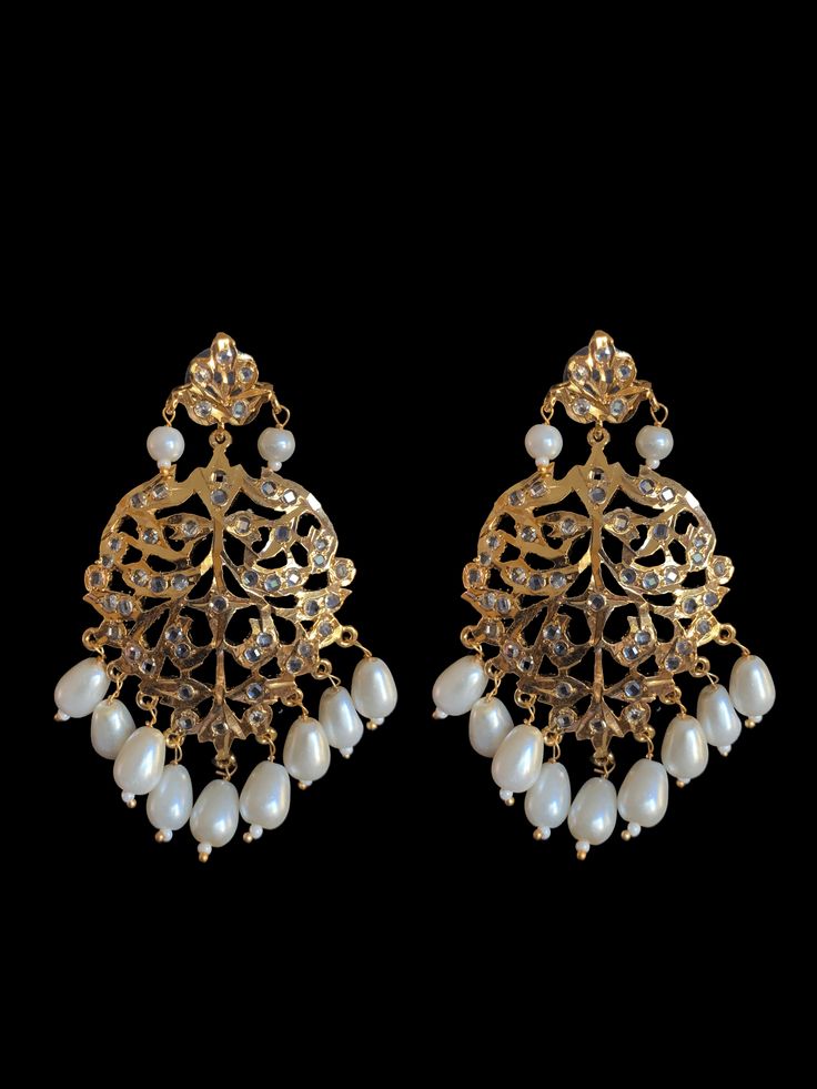 Rani haar with earrings made using shell pearls with cz polki and gold plating length of Rani haar on each side 14.5 inch Bollywood Kundan Necklace With Pearl Drop, Bollywood Style Kundan Necklace With Pearl Drop, Pearl Drop Kundan Necklace For Diwali, Diwali Pearl Drop Kundan Necklace, Bollywood Pearl Drop Earrings For Reception, Traditional Pearl Embellished Earrings, Elegant Bridal Earrings With Stone Work And Pearl, Festive Pearl Bridal Earrings With Stone Work, Elegant Pearl Bridal Earrings With Stone Work