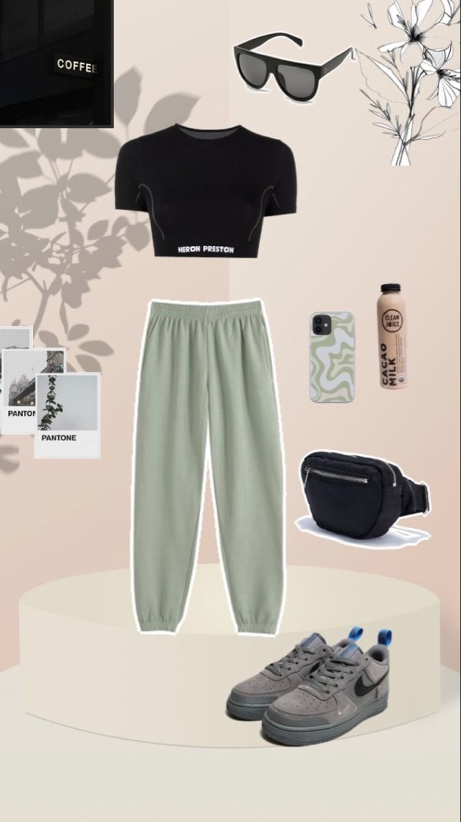 Outfit with Tight tshirt, green sweatpants, nike air force sneakers Green Nike Sweatpants Outfit, Sage Green Sweatpants Outfit, Light Green Sweatpants Outfit, How To Style Green Sweatpants, Green Sweatpants Outfit, Nike Sweatpants Outfit, Sweatpant Outfits, Errand Outfit, Aesthetic Sweatpants