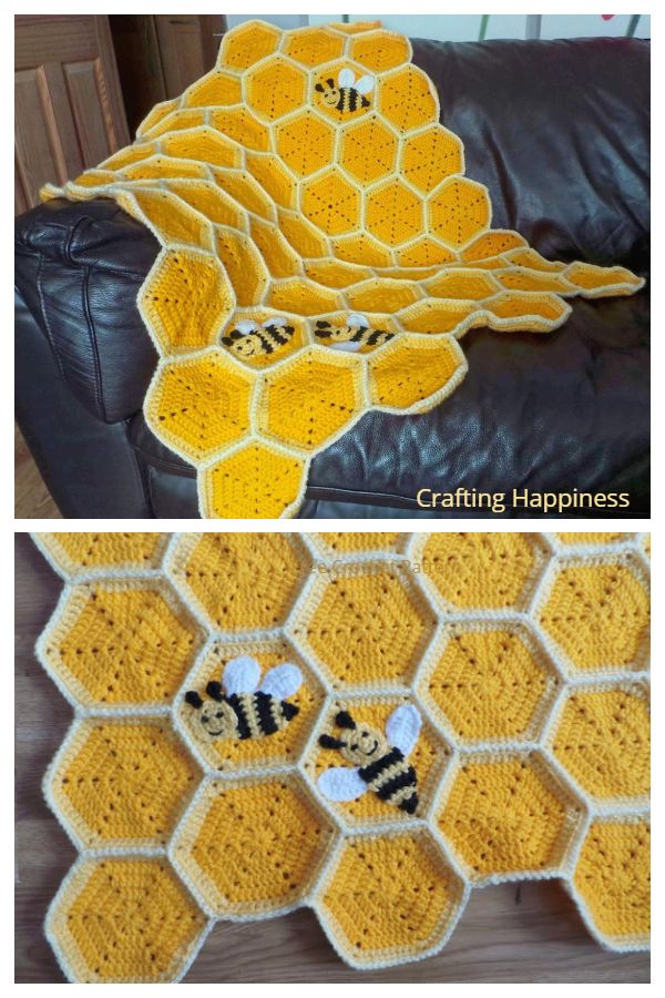 crocheted honeycomb blanket with bees on it and the same pattern as shown