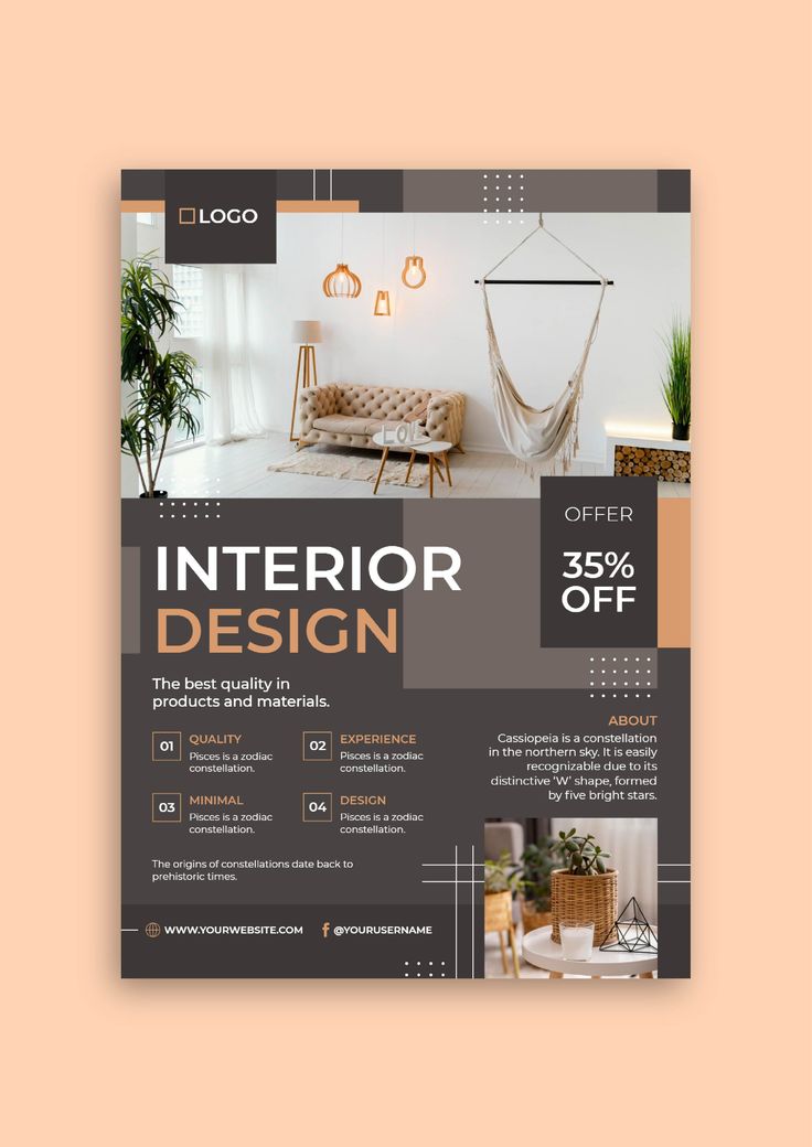 the interior design flyer is shown in grey and orange colors, with an image of a hammock