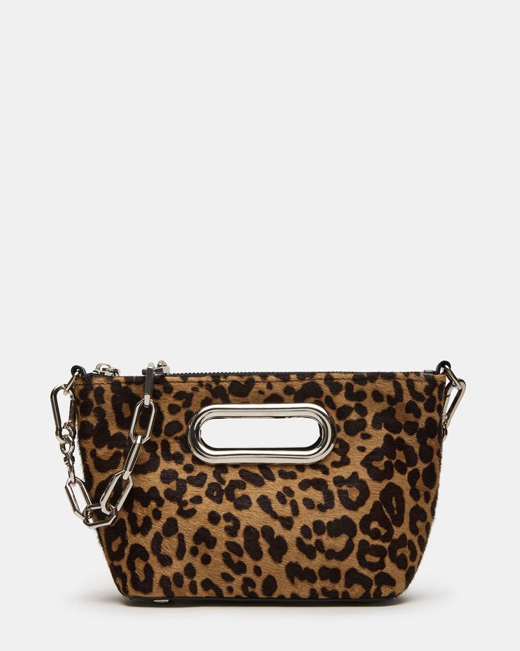 This versatile CALLUM bag is a 3-in-1 design, featuring a stylish leopard pattern and a convenient cutout handle with removable straps. Perfect for any occasion, its multifunctional design allows for easy organization and effortless style. Expertly crafted, this bag is a must-have for any fashion-forward individual. 3-in-1 design: clutch, shoulder bag, and crossbody bag Metal feet and reinforced bottom Removable chain shoulder strap Removable and adjustable crossbody strap Shoulder strap: 10 inc Top Handle Bags In Leopard Print, Trendy Leopard Print Bag With Detachable Strap, Leopard Print Bag With Double Top Carry Handle, Rectangular Leopard Print Shoulder Bag With Zipper Closure, Rectangular Leopard Print Shoulder Bag With Zipper, Leopard Print Rectangular Shoulder Bag With Zipper, Everyday Leopard Print Bag With Handles, Leopard Print Everyday Bags With Handles, Trendy Leopard Print Crossbody Shoulder Bag