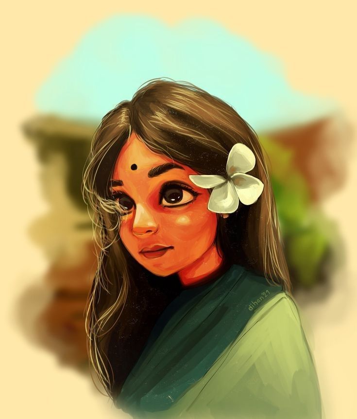 a digital painting of a woman with long hair and a flower in her hair, wearing a green blouse