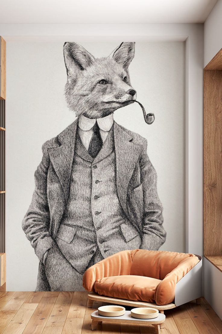 One of Happywalls vibrant wallpapers featuring a fox in the wild Hallway Accent Wallpaper, Fun Wallpaper Bathroom Powder Rooms, Red Bathroom Wallpaper, Dramatic Dining Room Wallpaper, Woodland Wallpaper Living Rooms, Painted Wall Murals Inspiration, Christmas Wrapping Paper Wall, Wallpaper For Toilet Room, Home Decor Family Room