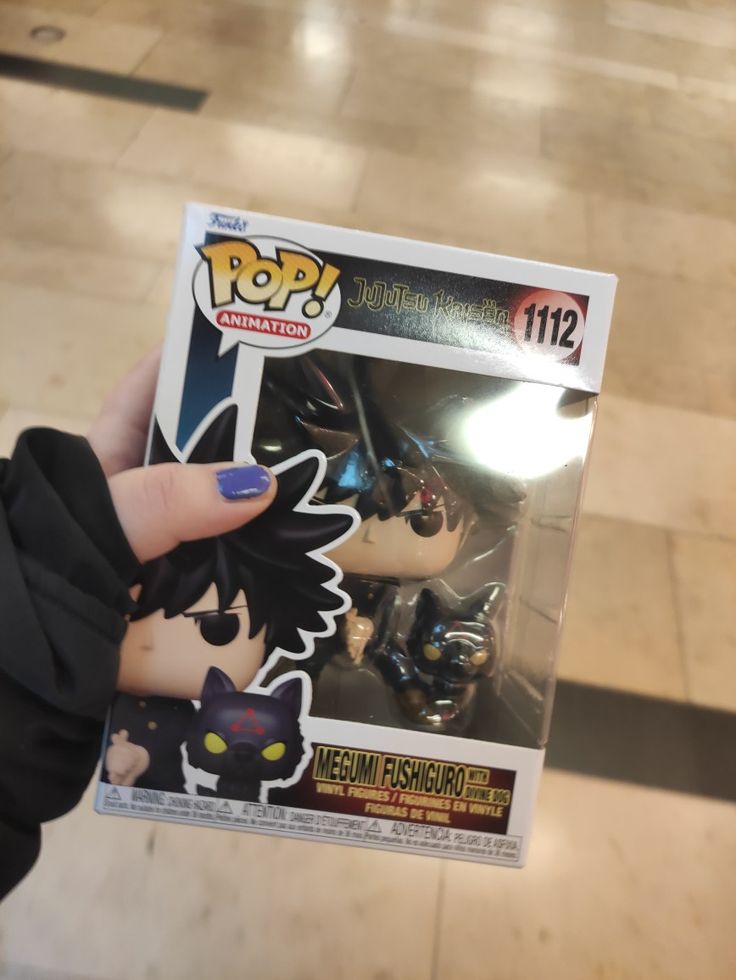 a person holding up a pop vinyl figure in front of a box with an image of a cat on it