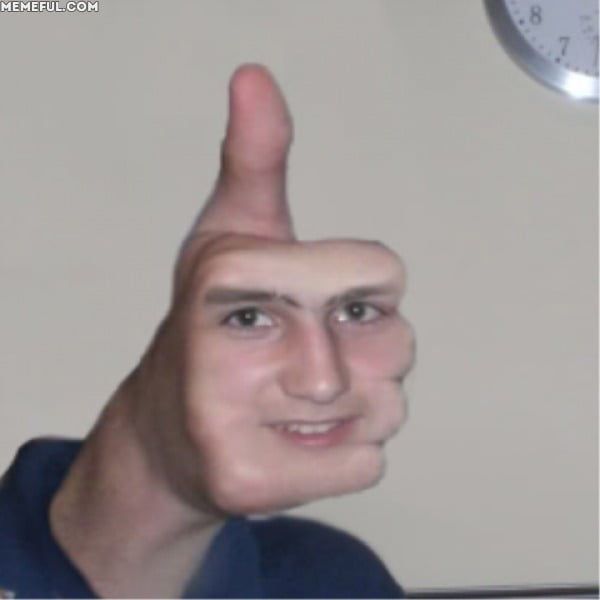 a man is giving the thumbs up sign in front of a clock