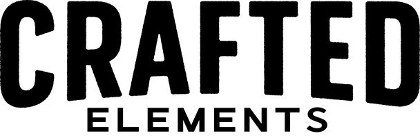 the crafted elements logo is shown in black and white, with an orange background