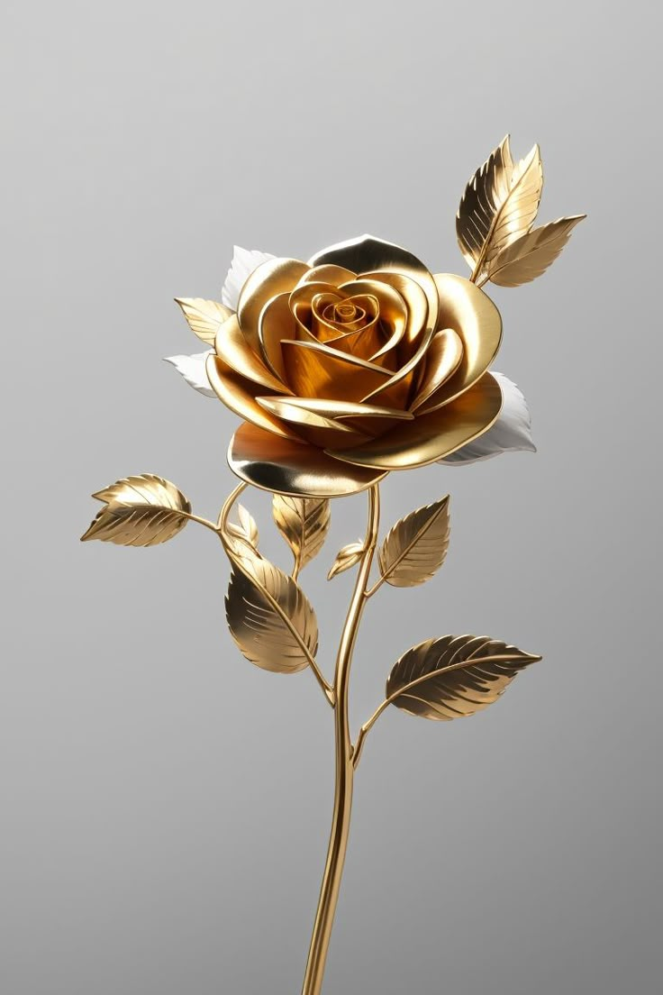 a golden rose with leaves on a gray background is shown in this image, it appears to be made out of metal