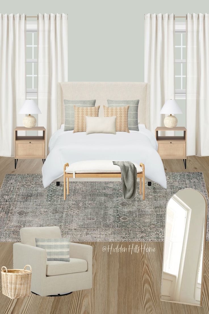 Primary bedroom decor with a soft color palette! Modern Classic Bedroom Design, Cream Upholstered Bed, Seafoam Green Bedroom, Modern Classic Bedroom, Classic Bedroom Design, Scandinavian Bedroom, Classic Bedroom, Modern Scandinavian, Bedroom Green