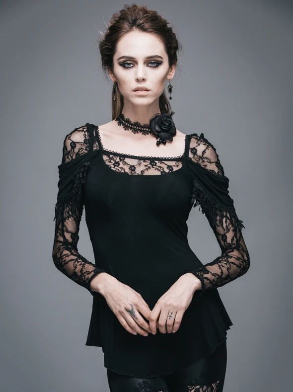 The Lace of Romance Top – Goth Mall Punk Tops, Goth Clothing, Rose Shirts, Victorian Goth, Feminine Blouses, Stunning Tops, Evening Tops, Drape Sleeves, Lace Splicing