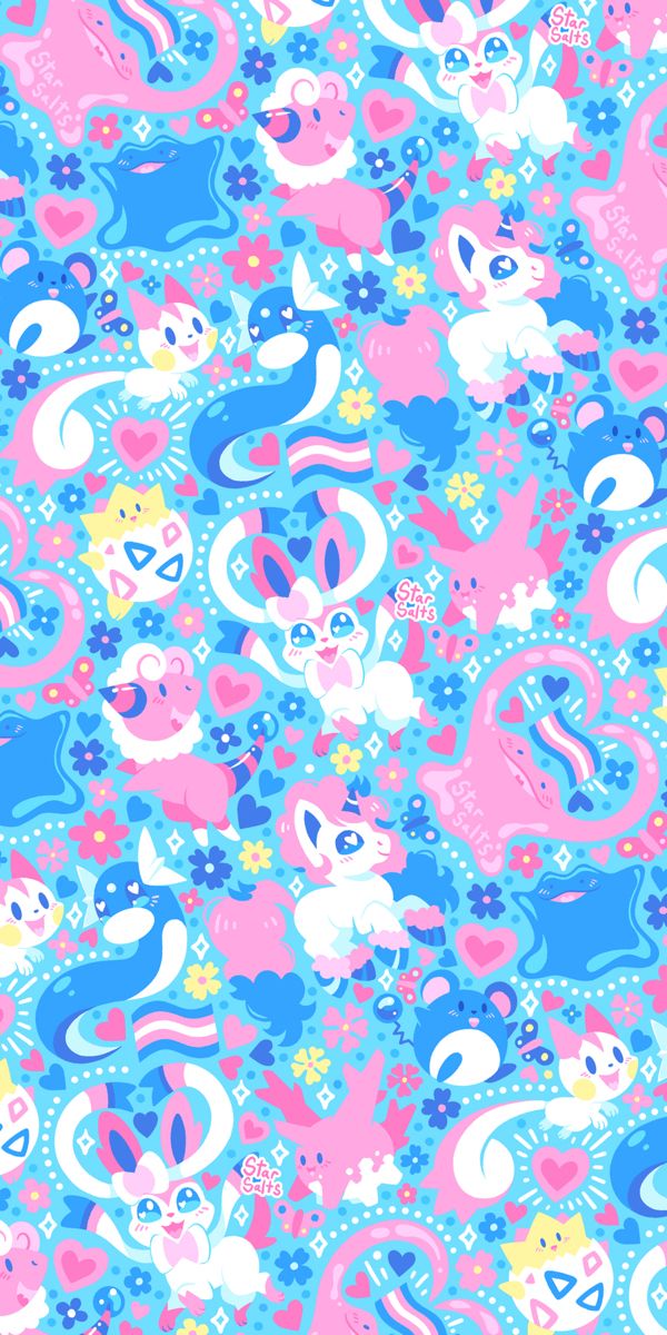 an image of a colorful pattern with cats and unicorns on the ground in blue, pink