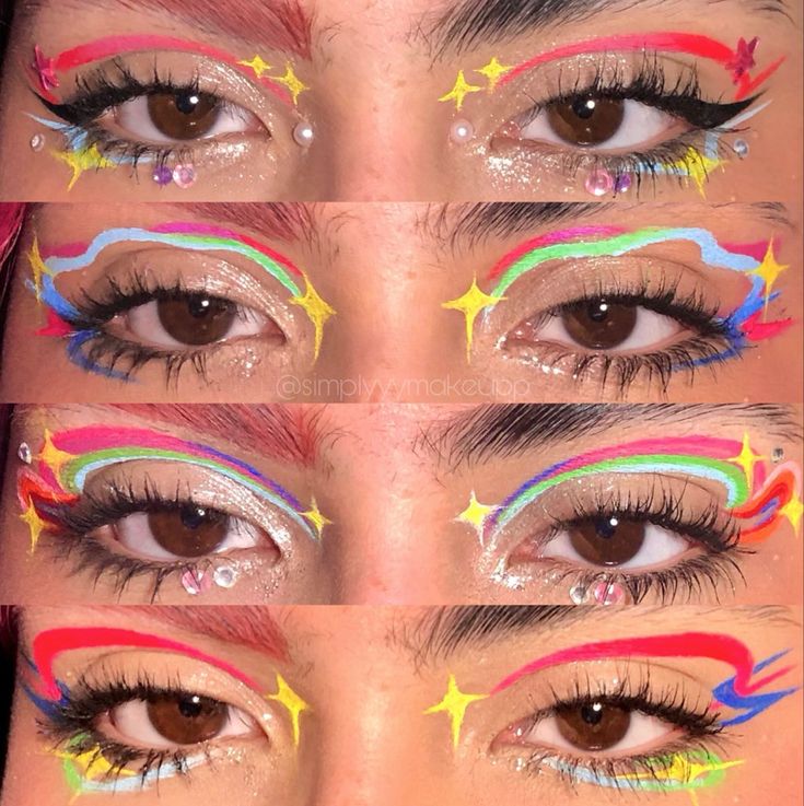 Colorful Graphic Eyeliner, Graphic Eyeliner Ideas, Hippie Makeup, Eyeliner Ideas, Artsy Makeup, Funky Makeup, Cute Eye Makeup, Face Paint Makeup, Graphic Makeup