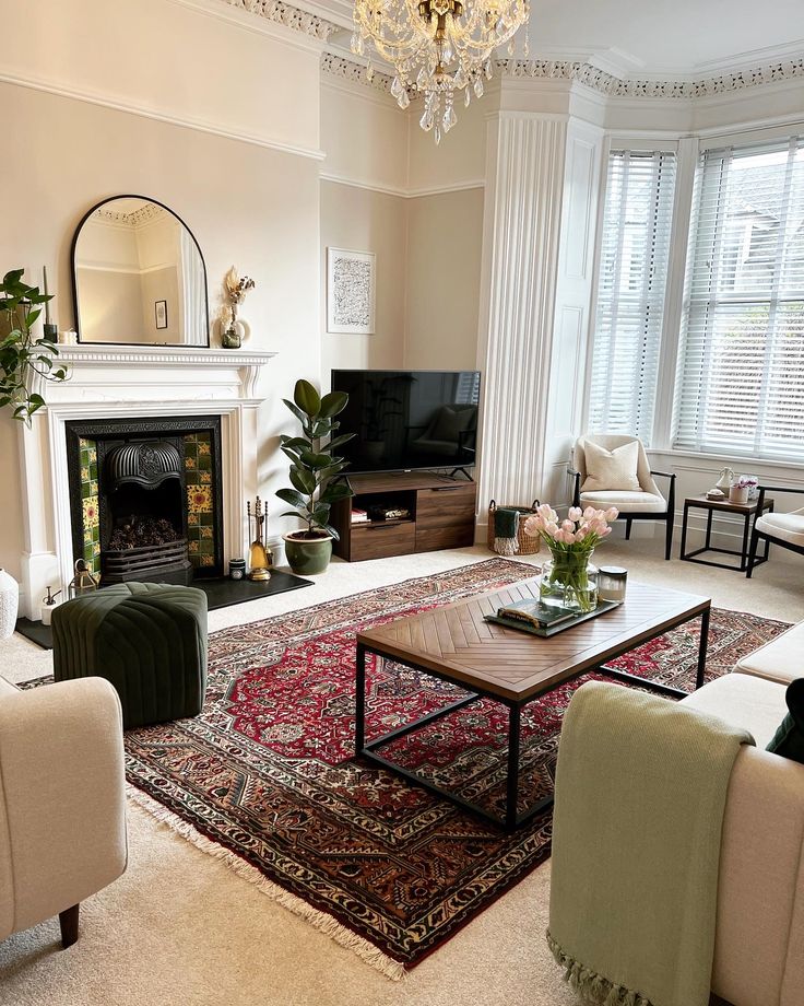 a living room filled with furniture and a fire place in the middle of a room