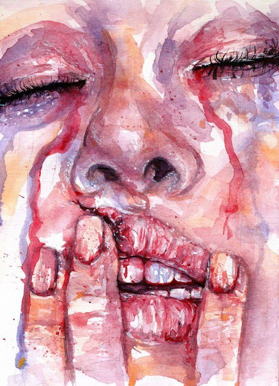 a watercolor painting of a woman's face with blood dripping from her mouth