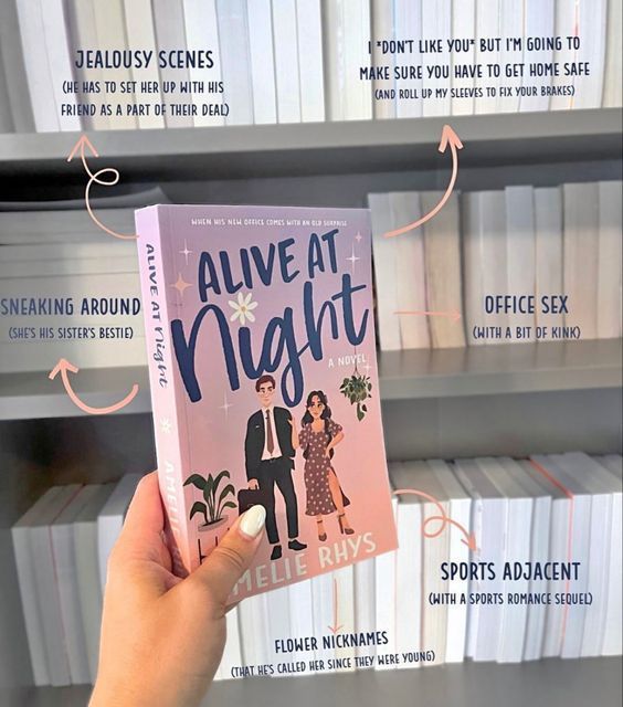 a person holding up a book in front of bookshelves with the title alive at night