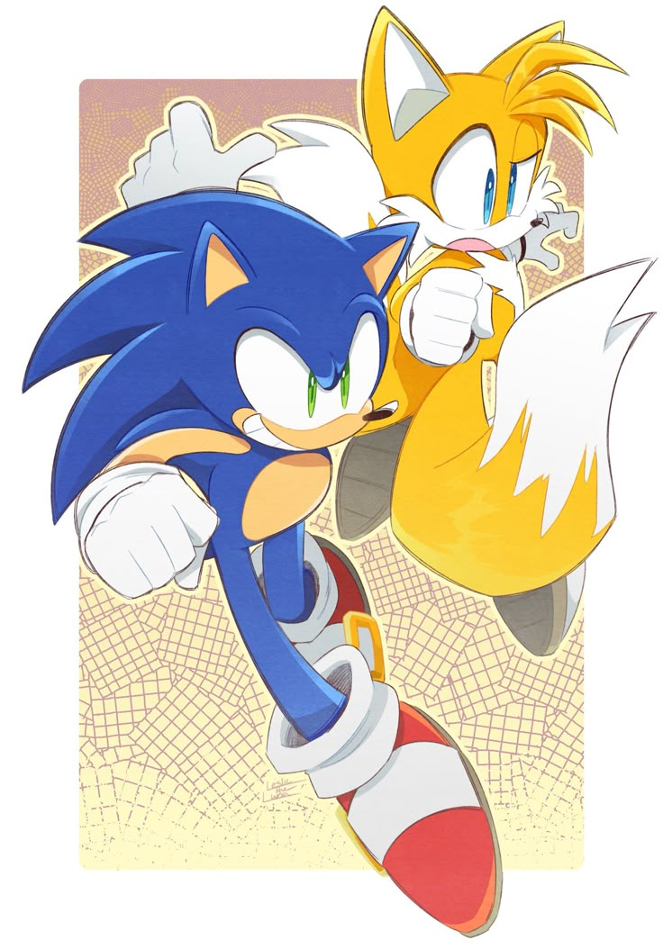 sonic and tails are running together in the same direction, with each other's eyes closed