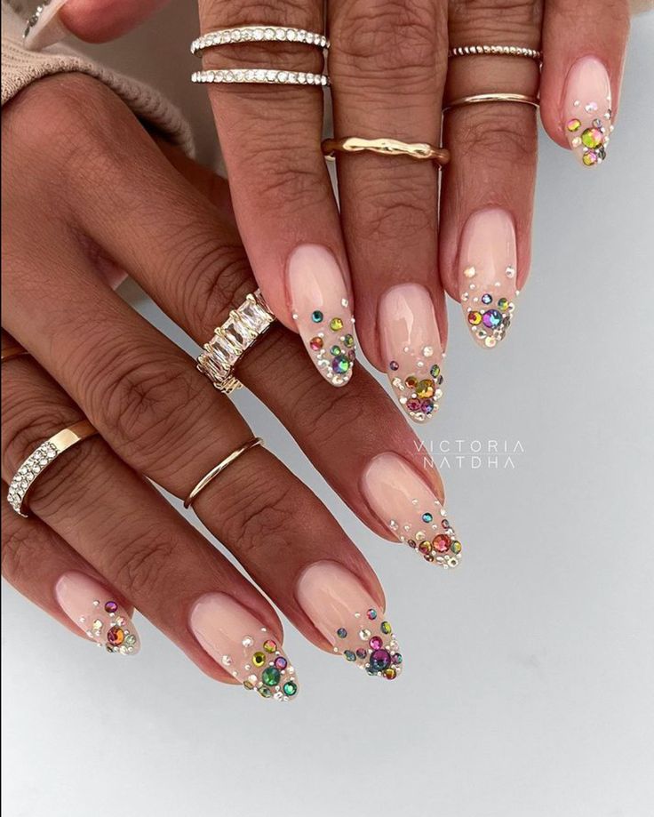 Clear Almond Nails With Rhinestones, Funky Summer Nail Designs, Jewel French Tip Nails, Rhinestone Nails Almond, Summer Nails With Rhinestones, Beads On Nails, Jewels On Nails, Bollywood Nails, Gem Stone Nails