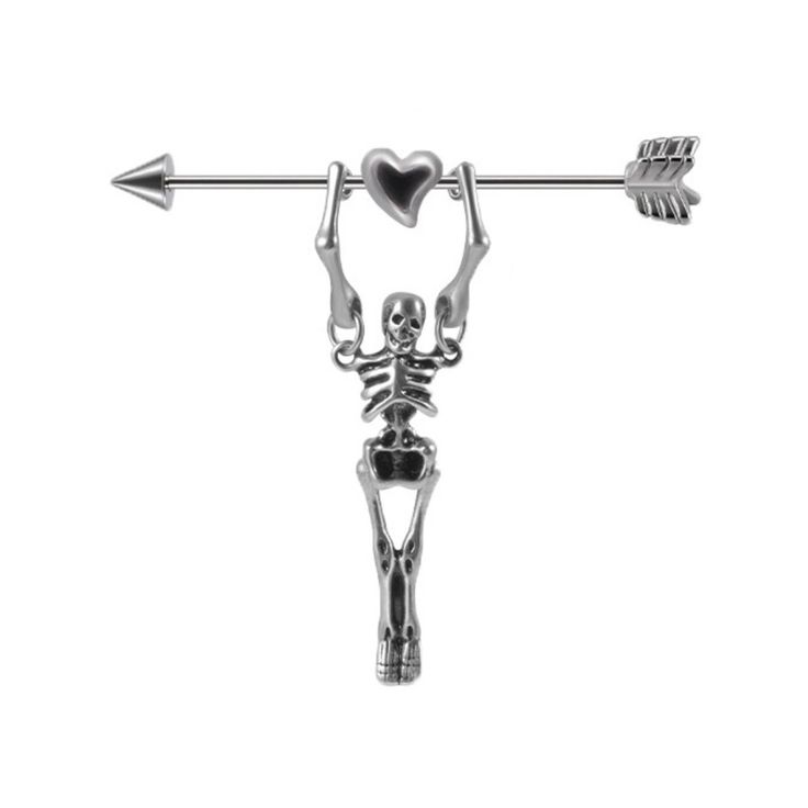 a skeleton with an arrow on it's back and heart in the middle, hanging from