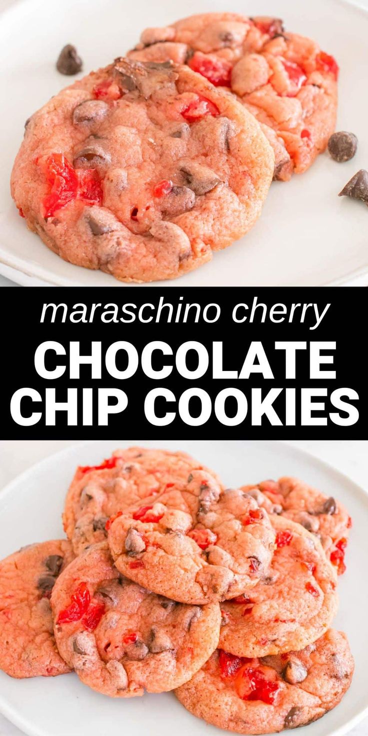 chocolate chip cookies are stacked on top of each other with the words, maraschino cherry chocolate chip cookies