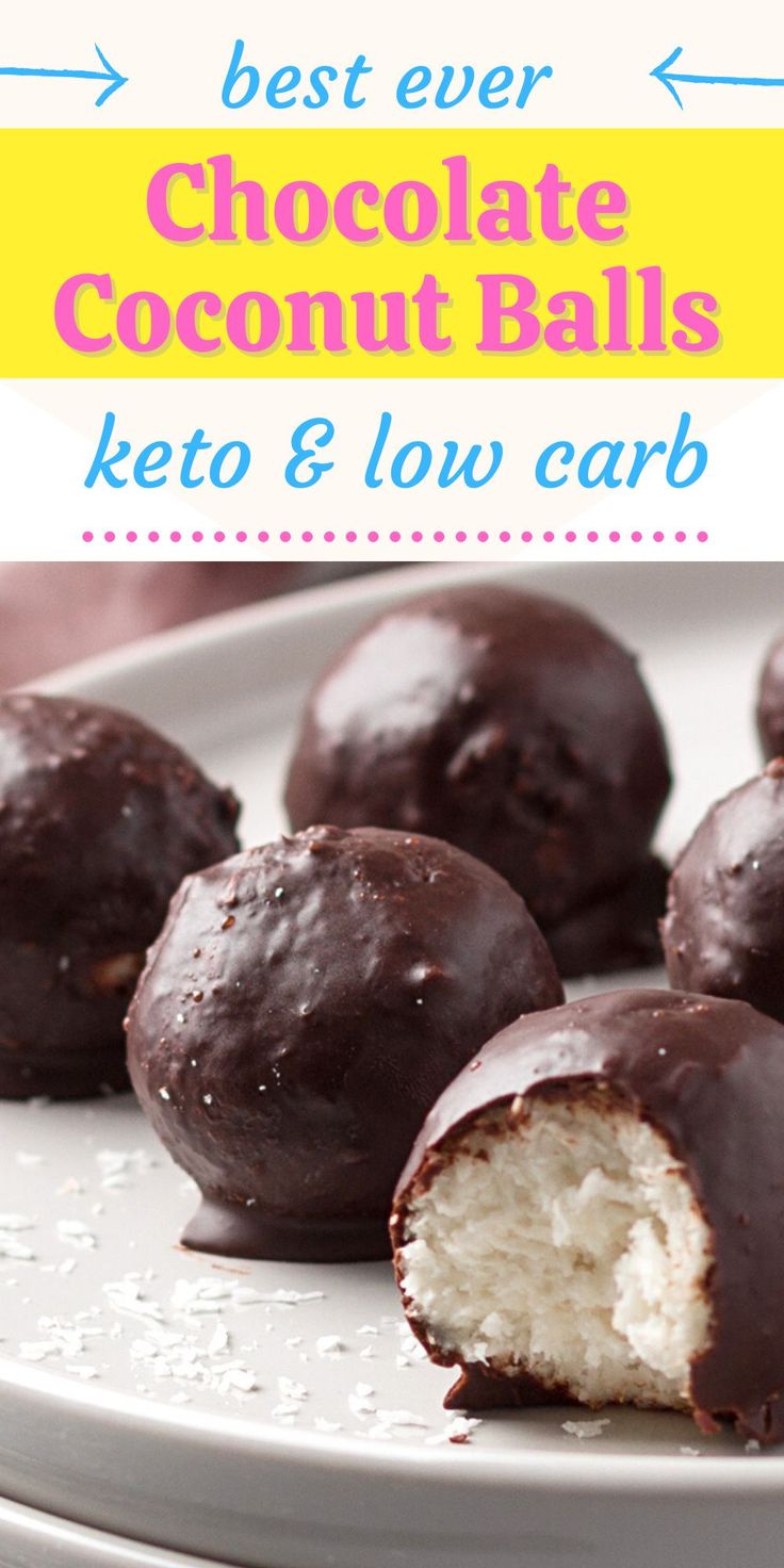 chocolate coconut balls on a white plate with text overlay that reads best ever chocolate coconut balls keto & low carb