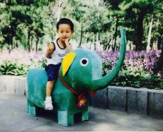 a young boy sitting on top of an elephant statue