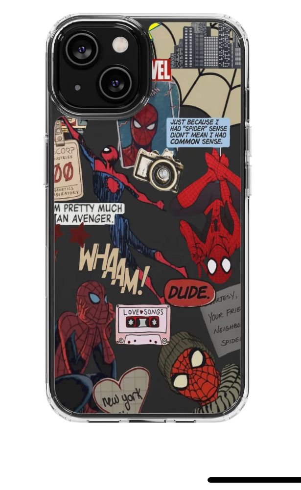 an iphone case with spiderman stickers and other things on it's back