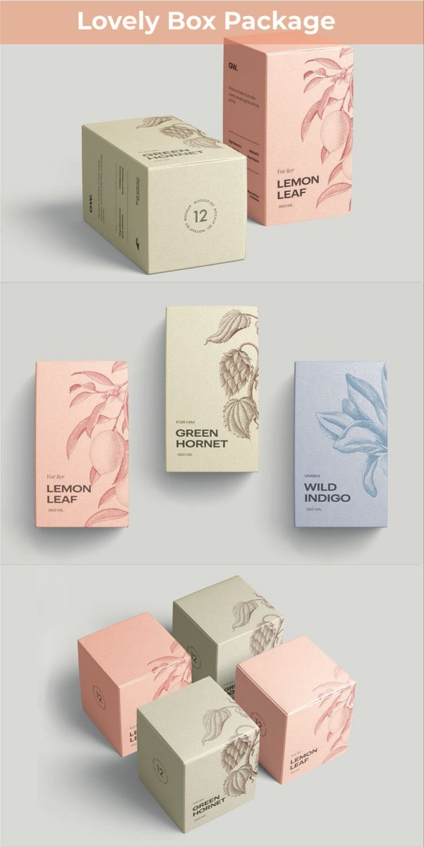 several boxes with different designs on them and the words lovely box package written in white