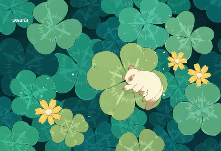 a white cat laying on top of a green leaf covered ground next to yellow flowers