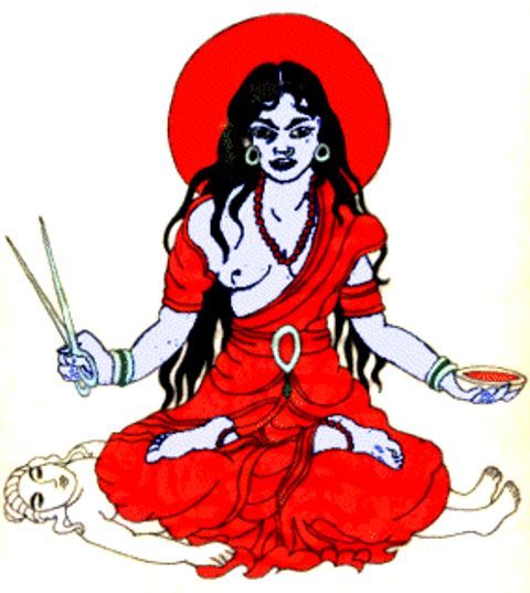 a drawing of a woman sitting on the ground with two drums in her hands and holding a bowl