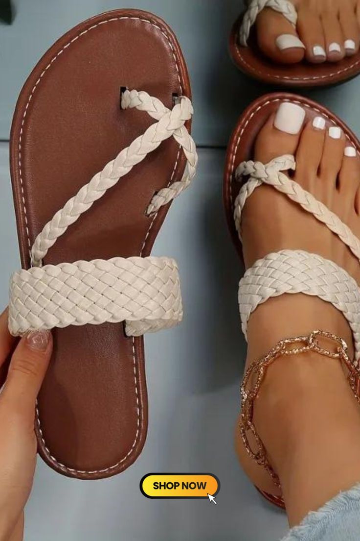 Women's Flat Slide Sandals, Toe Loop Braided Band Slip On Shoes, Casual Beach Slides Beige Toe Post Sandals For Beach Season, Beige Toe Post T-strap Sandals For Vacation, Beige Closed Toe T-strap Sandals For Beach, Flat Synthetic T-strap Sandals For Vacation, Synthetic Flat T-strap Sandals For Vacation, Synthetic T-strap Sandals With Toe Post For Vacation, Beige Synthetic T-strap Sandals For Vacation, Synthetic Toe Ring Sandals For The Beach, White Round Toe T-strap Sandals For Vacation