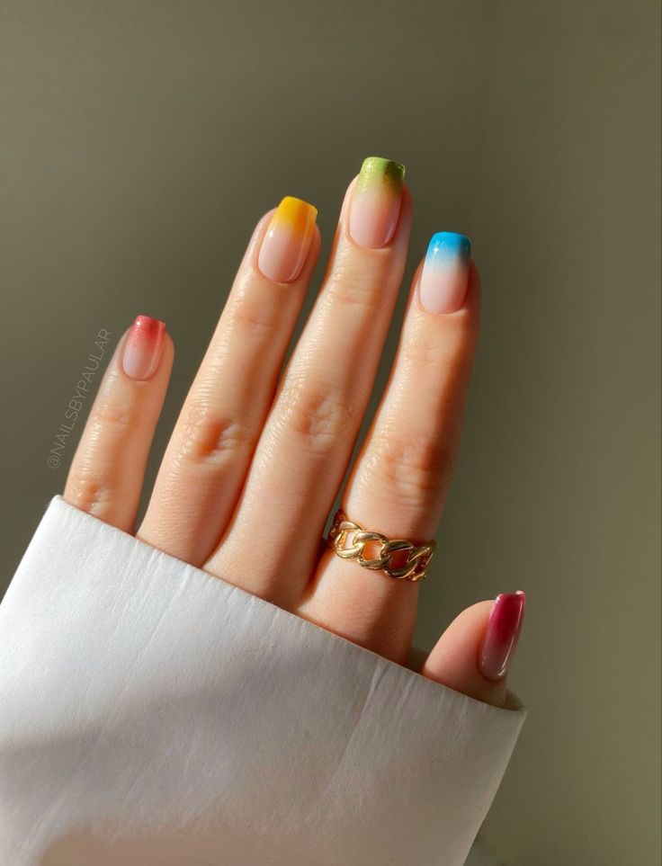 Rainbow Holiday Nails, Short Nails Ideas Rainbow, Rainbow Nails Natural, Rainbow Nail Ideas For Short Nails, Rainbow Wedding Nails, Rainbow Nail Polish, Pastel Rainbow Nail Designs, Rainbow Nails Simple, Nails Rainbow Tips