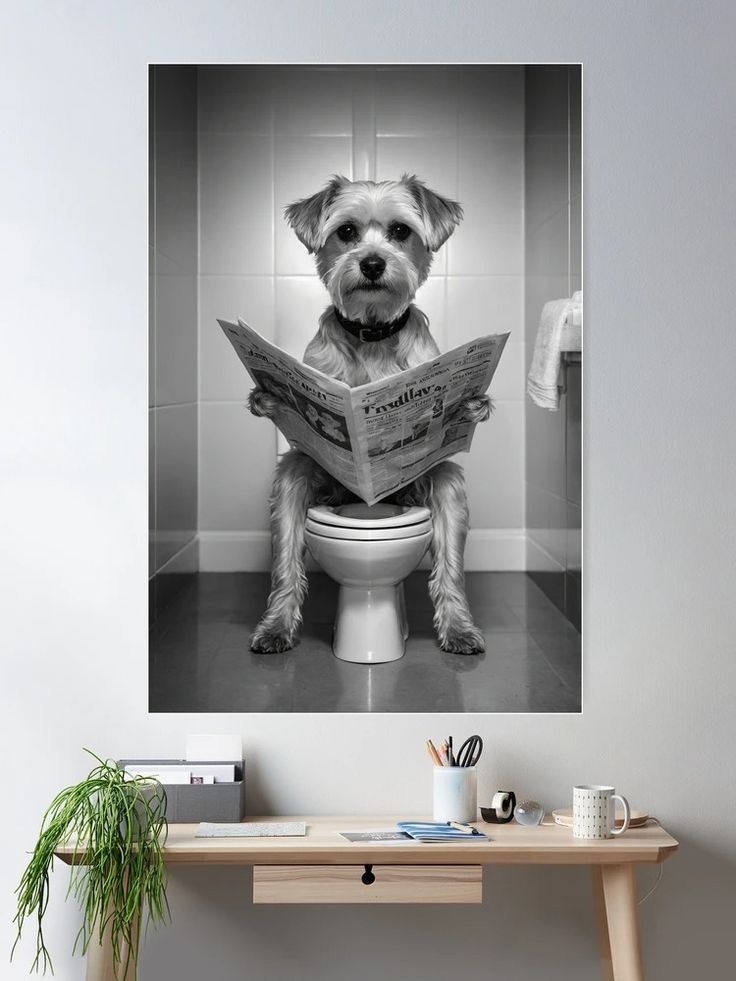 a dog that is sitting on top of a toilet reading a newspaper while looking at the camera