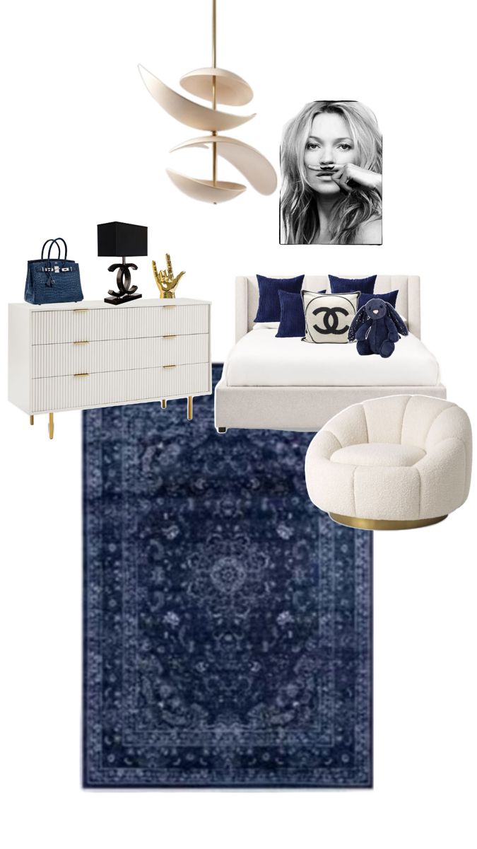 a bedroom with blue carpet, white furniture and pictures hanging on the wall above it