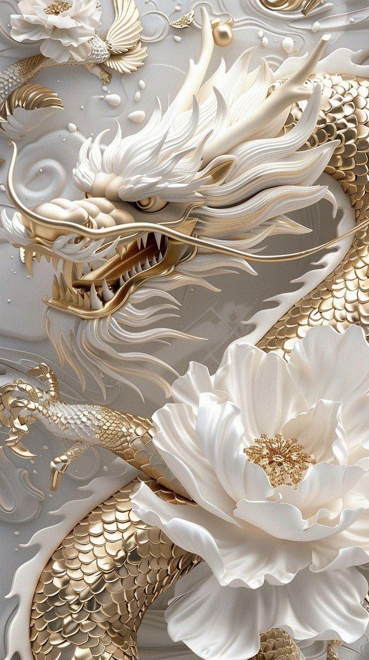 a white and gold dragon wallpaper with flowers