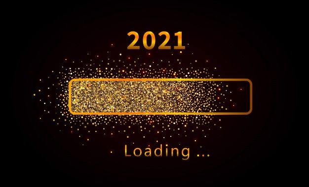 a loading bar with the words 2021 on it and gold sparkles in the background