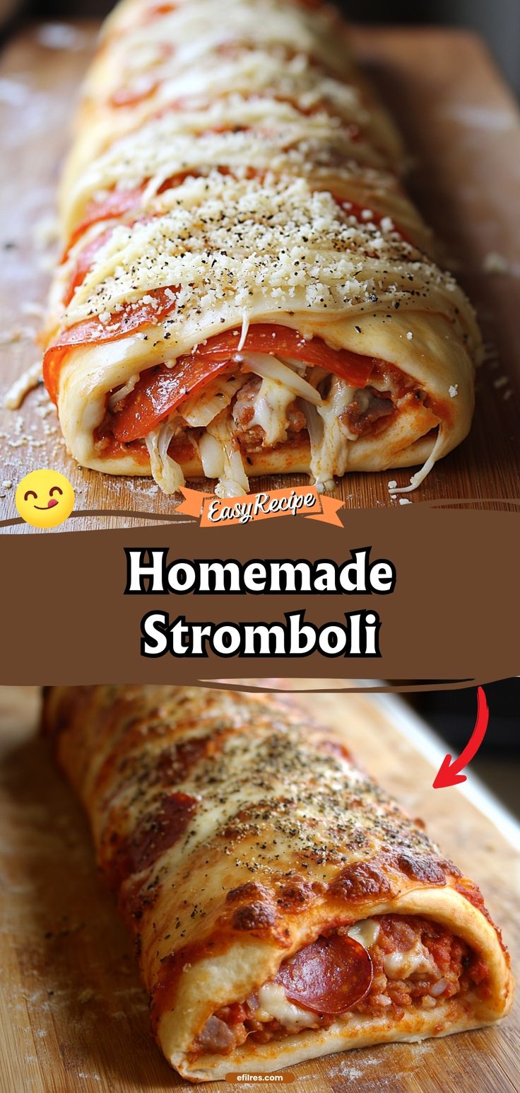 the homemade stromboli is cut in half and ready to be eaten