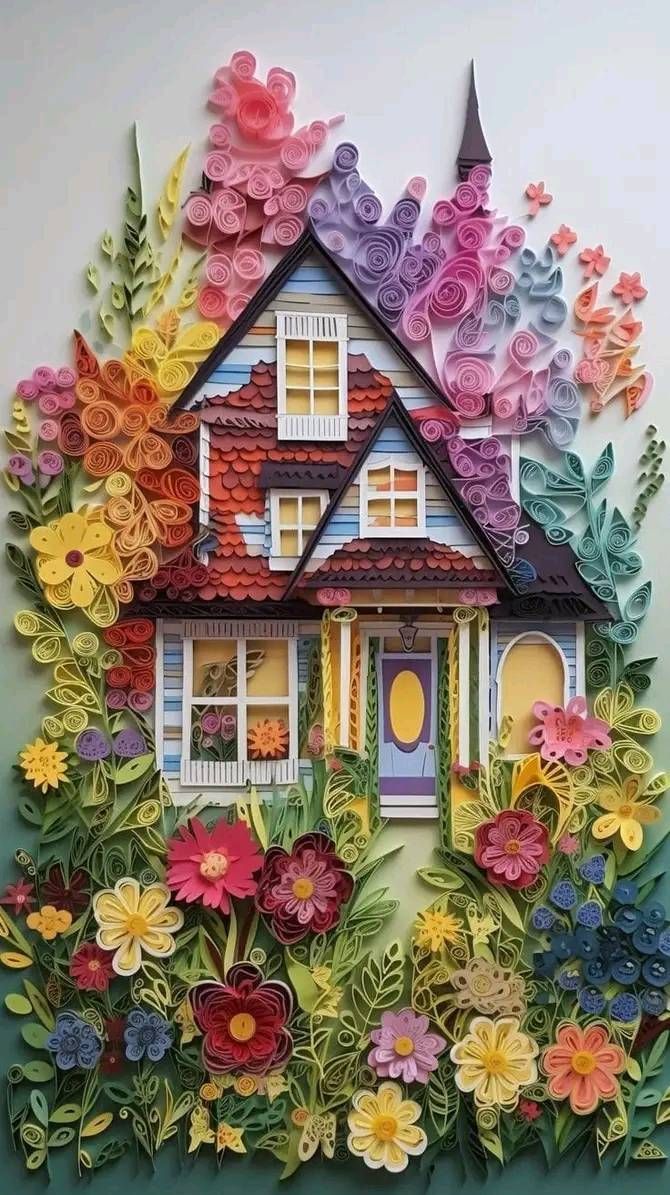 a house made out of paper with flowers on the front and side, surrounded by foliage