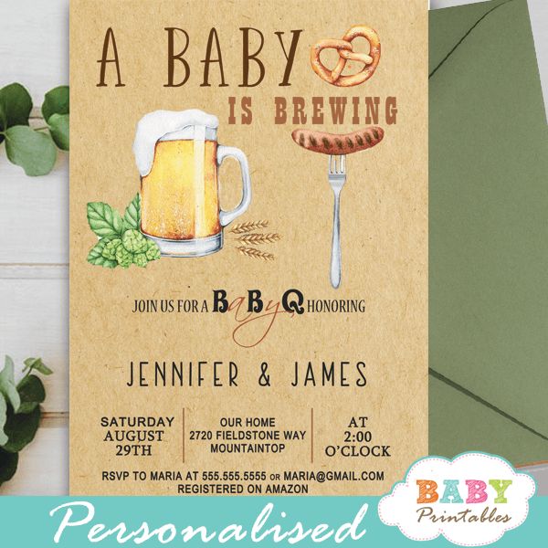 a baby is brewing party with beer and pretzels