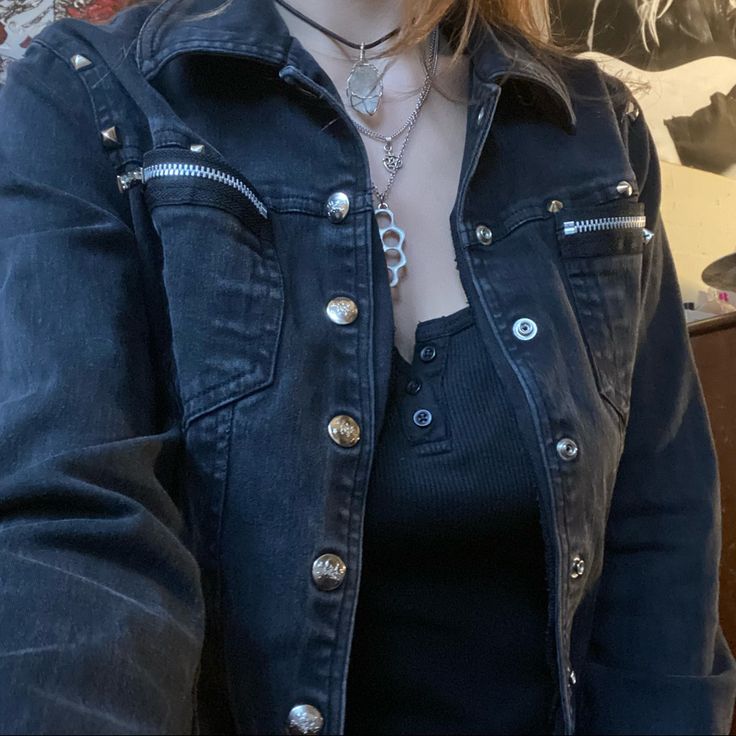 Sick Studded Tripp Nyc Moro Jean Jacket Has Such Cute Skull Buttons And Studs Along The Sleeves, Bottom, And Back. Grayish Black Tone And Mildly Stretchy Material. Its In Amazing Condition, Pretty Much Brand New But It’s Too Small For Me It’s Medium But It Fits More Like A Small!!! Spring Punk Outerwear With Buttons, Fitted Punk Denim Jacket For Fall, Fitted Grunge Denim Jacket For Winter, Fitted Grunge Outerwear For Fall, Edgy Button-up Denim Jacket For Winter, Punk Style Long Sleeve Denim Jacket For Fall, Black Denim Jacket For Alternative Fashion In Fall, Punk Long Sleeve Outerwear With Pockets, Grunge Fall Outerwear With Button Closure