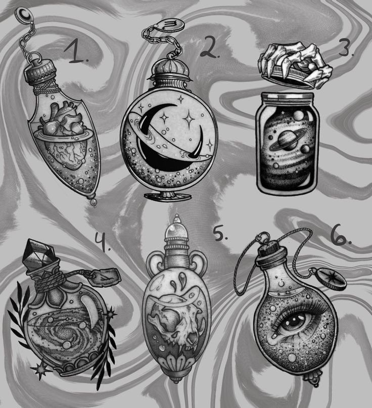 an ink drawing of various ornaments and jars