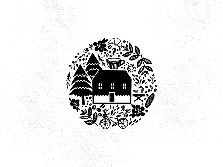 a black and white image of a house surrounded by trees, flowers and plants in a circle