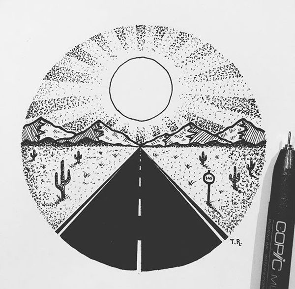 a drawing of a road with mountains and cactus in the background, on top of a white paper