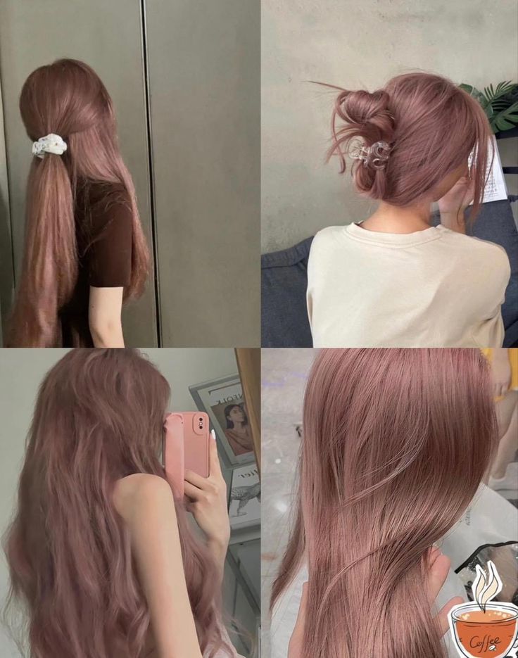 Coquette Hair Color Ideas, Hair Colour Ideas Cool Tone, Light Color Hair Dye, Hair Dye Inspo Natural, Ash Peach Hair, Muted Pink Hair Color, Milk Tea Purple Hair, Ashy Rose Hair, Ash Rose Gold Hair