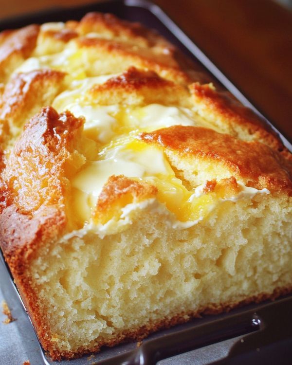 a close up of a loaf of bread on a pan with some butter and cheese