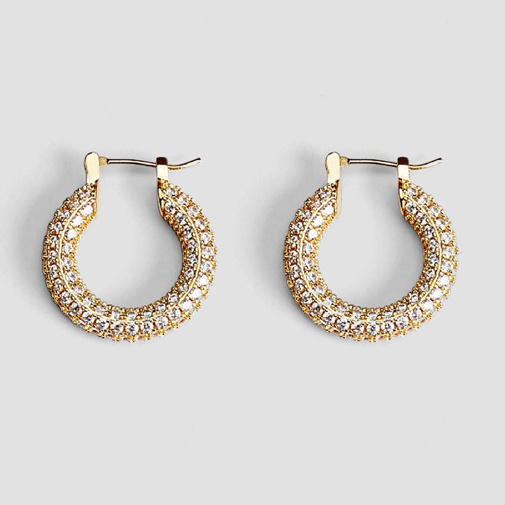 Iced Pavé 18k Gold Medium Hoop Earrings - GRISÉ NYC 1 Earrings Stand, Medium Hoop Earrings, Earring Stand, Timeless Accessories, Earrings Collection, Steel Jewelry, Stainless Steel Jewelry, Gold Plated Jewelry, Jewelry Plate