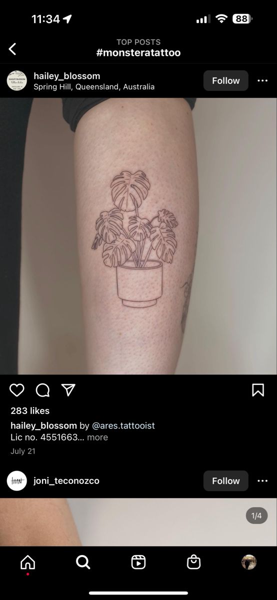 a woman's leg with a tattoo on it and a potted plant in the middle