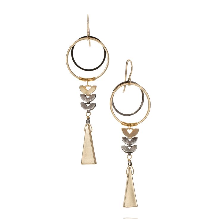 Metal Earrings - Architectural design inspired by the gold jewelry and decorative aesthetic of ancient Egypt. Two overlapping circles suspend the lower elements with a signature wire wrapping technique.  A set of three unique and custom designed semi-circle shapes form a linear capstone to the elongated triangle that balances out the design for a captivating look. French hook-style ear wires. Nickel-free components. Elegant Gold Hoop Earrings With Oxidized Finish, Elegant Brass Hoop Earrings With Oxidized Finish, Elegant Oxidized Brass Hoop Earrings, Contemporary Teardrop Metal Jewelry, Modern Metal Hoop Earrings With Oxidized Finish, Modern Oxidized Metal Hoop Earrings, Gold Fusion Earrings With Oxidized Finish, Modern Bronze Metal Earrings, Contemporary Yellow Gold Metal Earrings