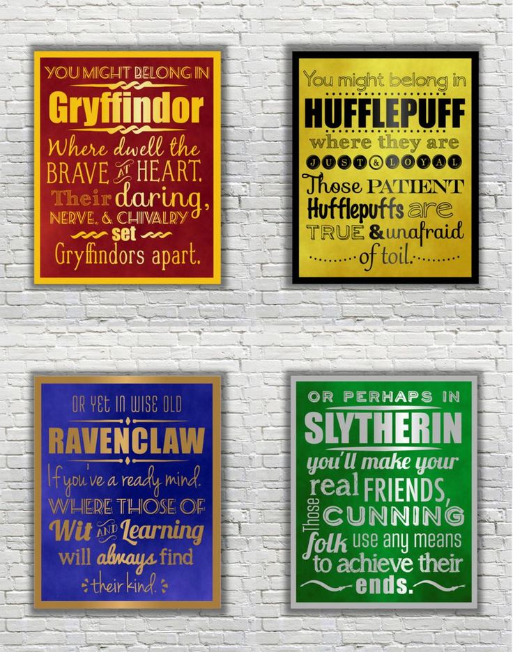 four different types of posters on a white brick wall