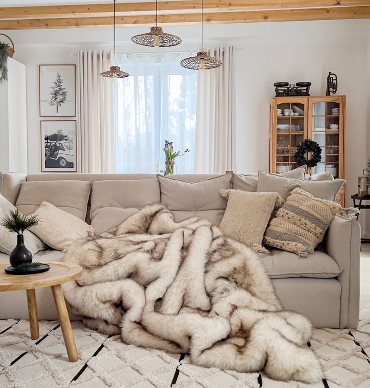 a living room filled with furniture and a large furry rug on the floor next to a couch